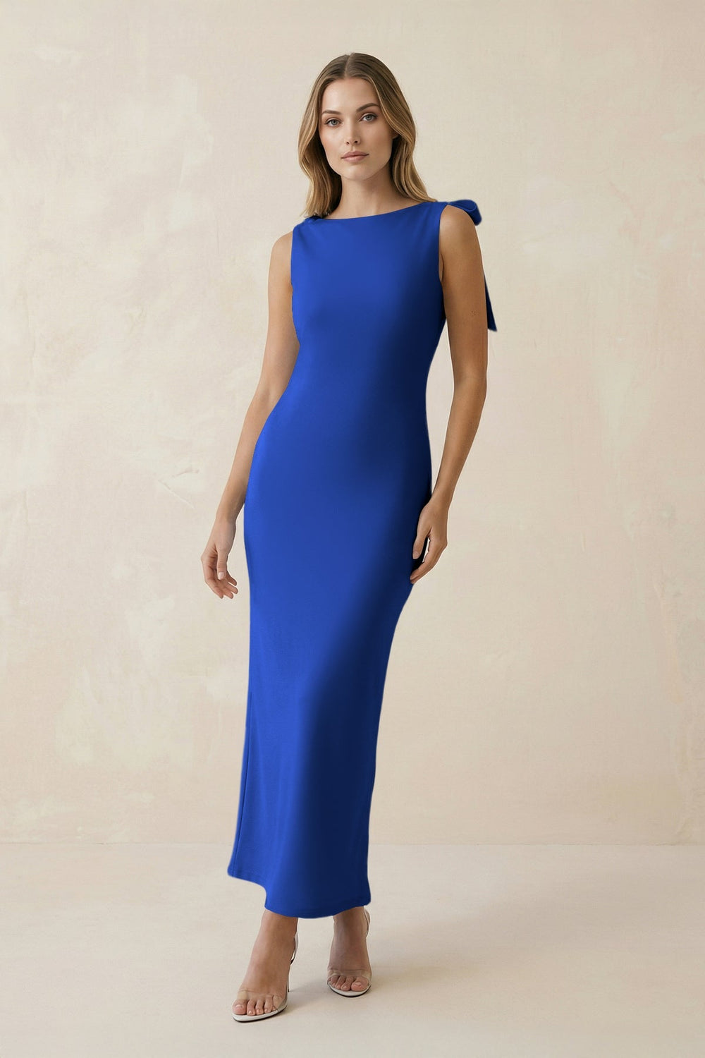 Bateau Neck Sheath Satin Midi Bridesmaid Dress With Bow in Royal Blue - KISS BRIDAL Bridesmaid Dresses