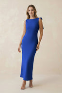 Bateau Neck Sheath Satin Midi Bridesmaid Dress With Bow in Royal Blue - KISS BRIDAL Bridesmaid Dresses