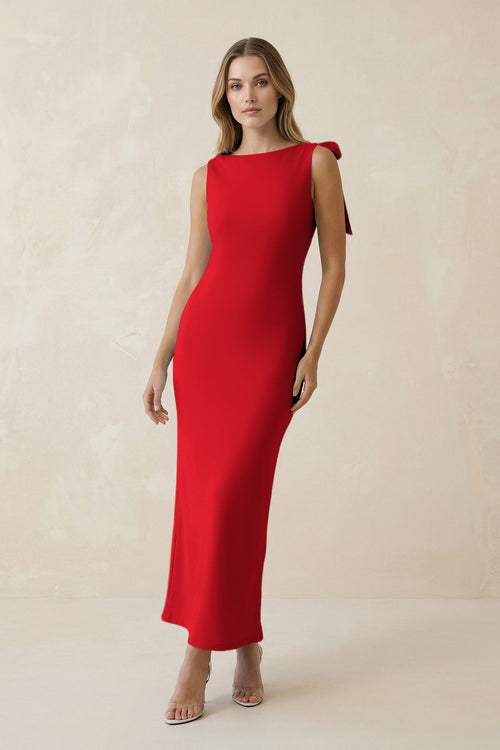 Bateau Neck Sheath Satin Midi Bridesmaid Dress With Bow in Ruby Red - KISS BRIDAL Bridesmaid Dresses