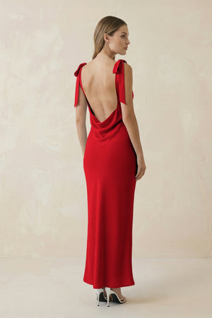 Bateau Neck Sheath Satin Midi Bridesmaid Dress With Bow in Ruby Red - KISS BRIDAL Bridesmaid Dresses