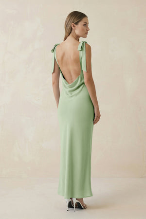 Bateau Neck Sheath Satin Midi Bridesmaid Dress With Bow in Sage - KISS BRIDAL Bridesmaid Dresses