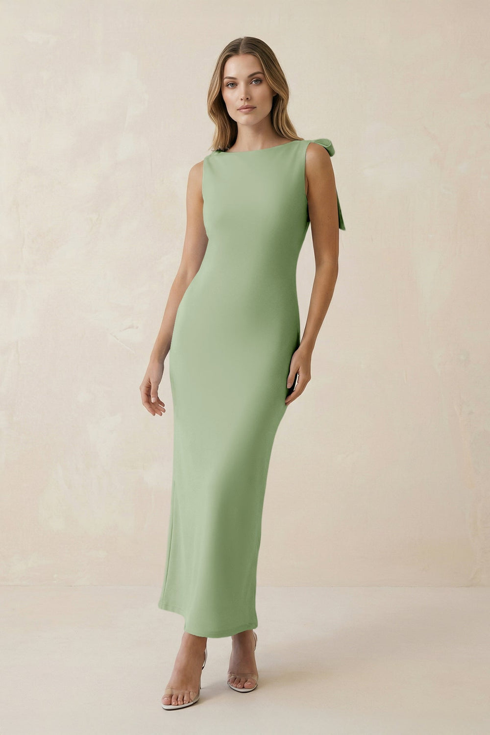 Bateau Neck Sheath Satin Midi Bridesmaid Dress With Bow in Sage - KISS BRIDAL Bridesmaid Dresses