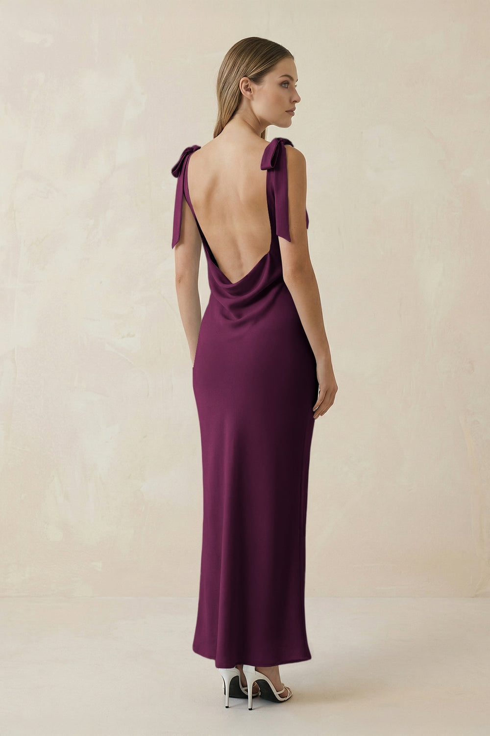 Bateau Neck Sheath Satin Midi Bridesmaid Dress With Bow in Sangria - KISS BRIDAL Bridesmaid Dresses