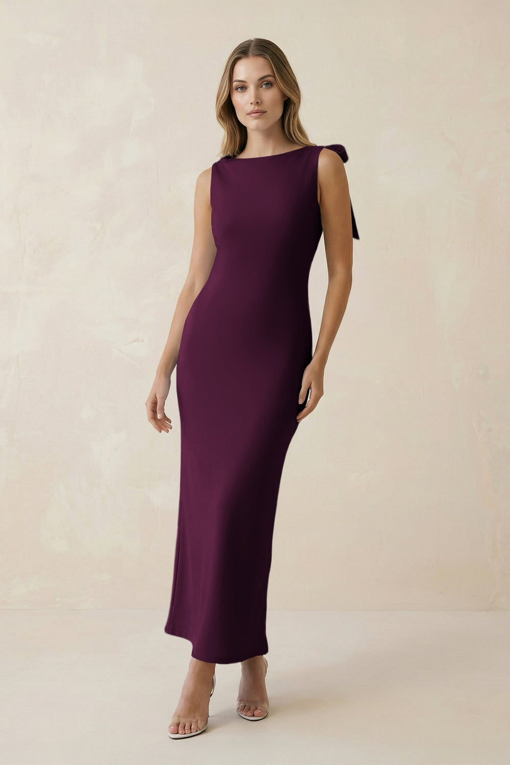 Bateau Neck Sheath Satin Midi Bridesmaid Dress With Bow in Sangria - KISS BRIDAL Bridesmaid Dresses