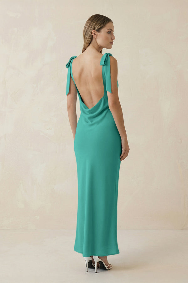 Bateau Neck Sheath Satin Midi Bridesmaid Dress With Bow in Sea Glass - KISS BRIDAL Bridesmaid Dresses