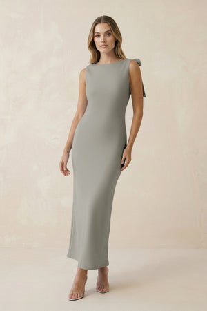 Bateau Neck Sheath Satin Midi Bridesmaid Dress With Bow in Silver - KISS BRIDAL Bridesmaid Dresses