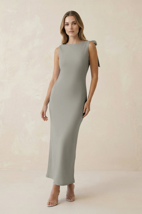 Bateau Neck Sheath Satin Midi Bridesmaid Dress With Bow in Silver - KISS BRIDAL Bridesmaid Dresses