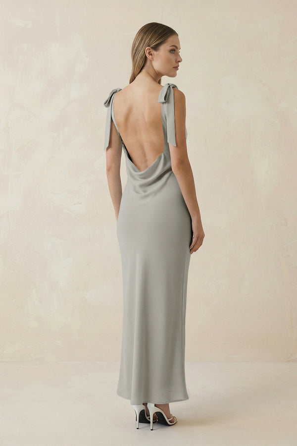 Bateau Neck Sheath Satin Midi Bridesmaid Dress With Bow in Silver - KISS BRIDAL Bridesmaid Dresses