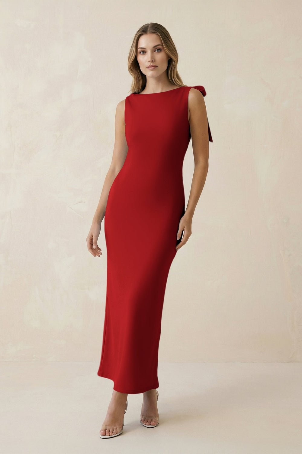 Bateau Neck Sheath Satin Midi Bridesmaid Dress With Bow in Spice - KISS BRIDAL Bridesmaid Dresses