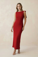 Bateau Neck Sheath Satin Midi Bridesmaid Dress With Bow in Spice - KISS BRIDAL Bridesmaid Dresses