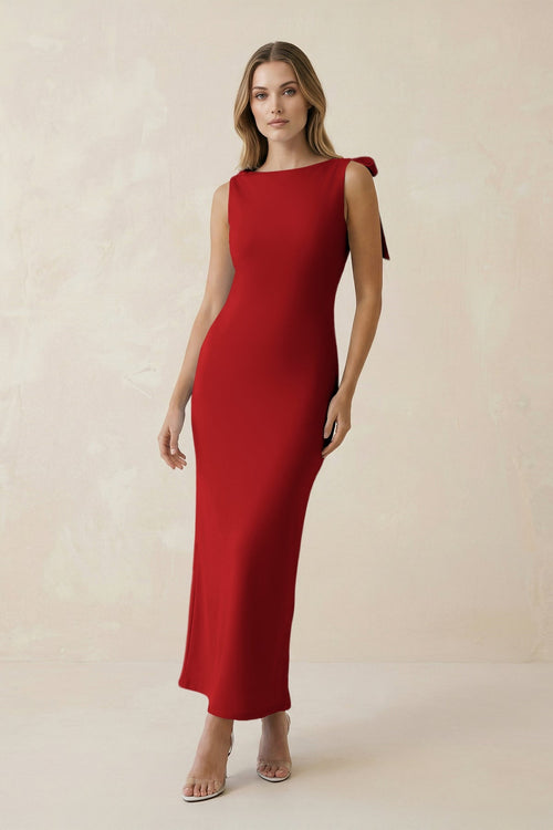 Bateau Neck Sheath Satin Midi Bridesmaid Dress With Bow in Spice - KISS BRIDAL Bridesmaid Dresses