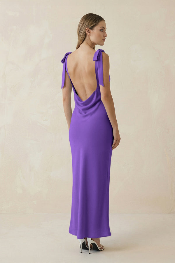 Bateau Neck Sheath Satin Midi Bridesmaid Dress With Bow in Tahiti - KISS BRIDAL Bridesmaid Dresses