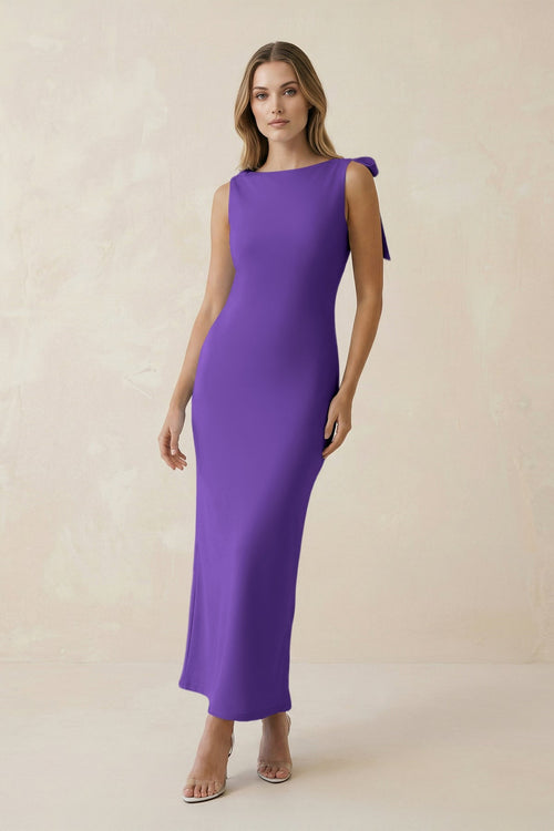 Bateau Neck Sheath Satin Midi Bridesmaid Dress With Bow in Tahiti - KISS BRIDAL Bridesmaid Dresses