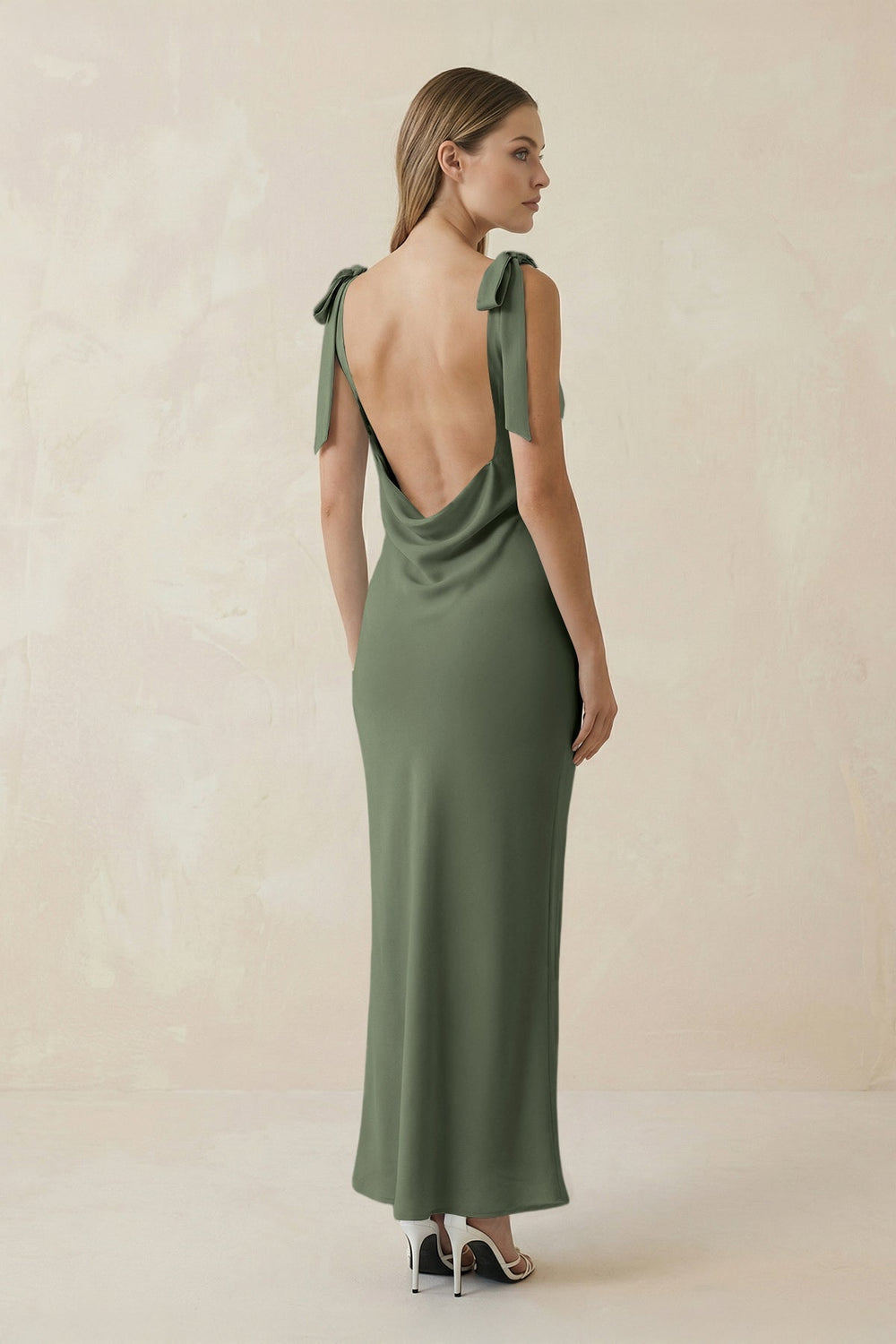 Bateau Neck Sheath Satin Midi Bridesmaid Dress With Bow in Thyme - KISS BRIDAL Bridesmaid Dresses