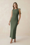 Bateau Neck Sheath Satin Midi Bridesmaid Dress With Bow in Thyme - KISS BRIDAL Bridesmaid Dresses