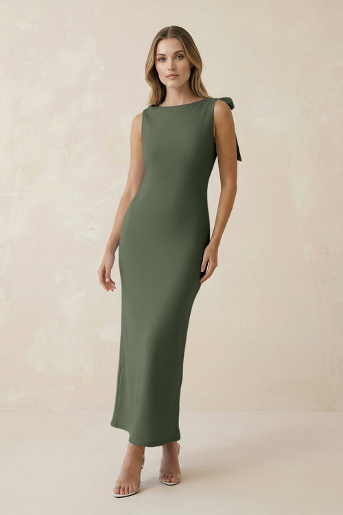 Bateau Neck Sheath Satin Midi Bridesmaid Dress With Bow in Thyme - KISS BRIDAL Bridesmaid Dresses