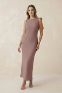 Bateau Neck Sheath Satin Midi Bridesmaid Dress With Bow in Toffee - KISS BRIDAL Bridesmaid Dresses