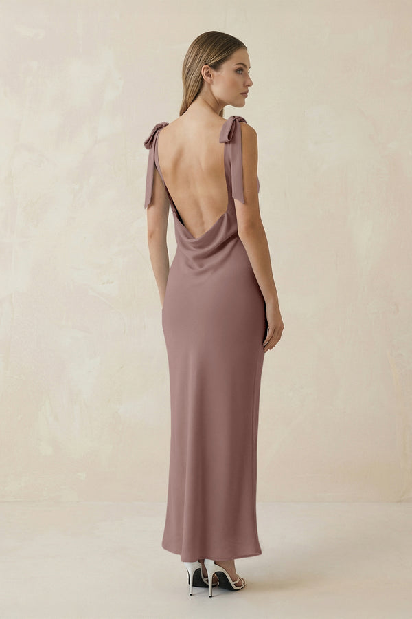 Bateau Neck Sheath Satin Midi Bridesmaid Dress With Bow in Toffee - KISS BRIDAL Bridesmaid Dresses