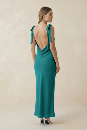 Bateau Neck Sheath Satin Midi Bridesmaid Dress With Bow in Turquoise - KISS BRIDAL Bridesmaid Dresses