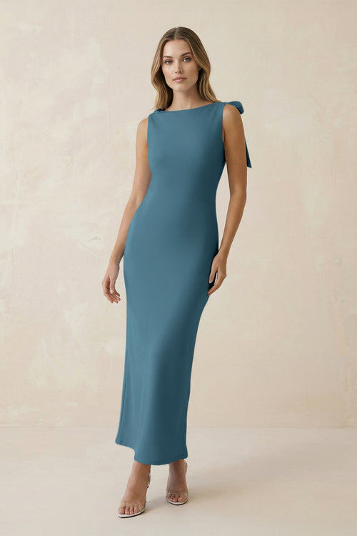 Bateau Neck Sheath Satin Midi Bridesmaid Dress With Bow in Twilight - KISS BRIDAL Bridesmaid Dresses
