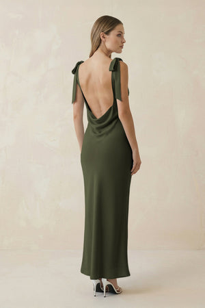 Bateau Neck Sheath Satin Midi Bridesmaid Dress With Bow in Willow Green - KISS BRIDAL Bridesmaid Dresses