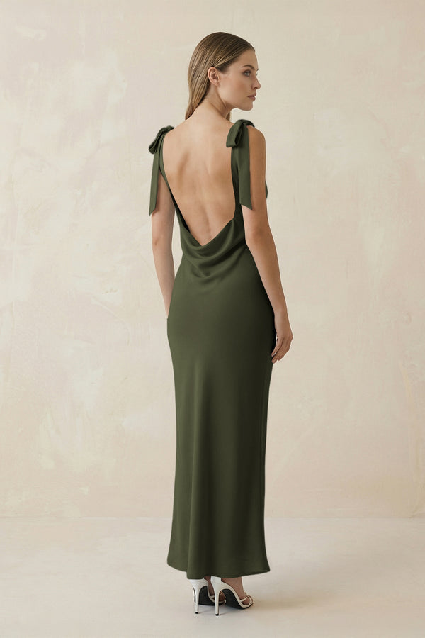 Bateau Neck Sheath Satin Midi Bridesmaid Dress With Bow in Willow Green - KISS BRIDAL Bridesmaid Dresses