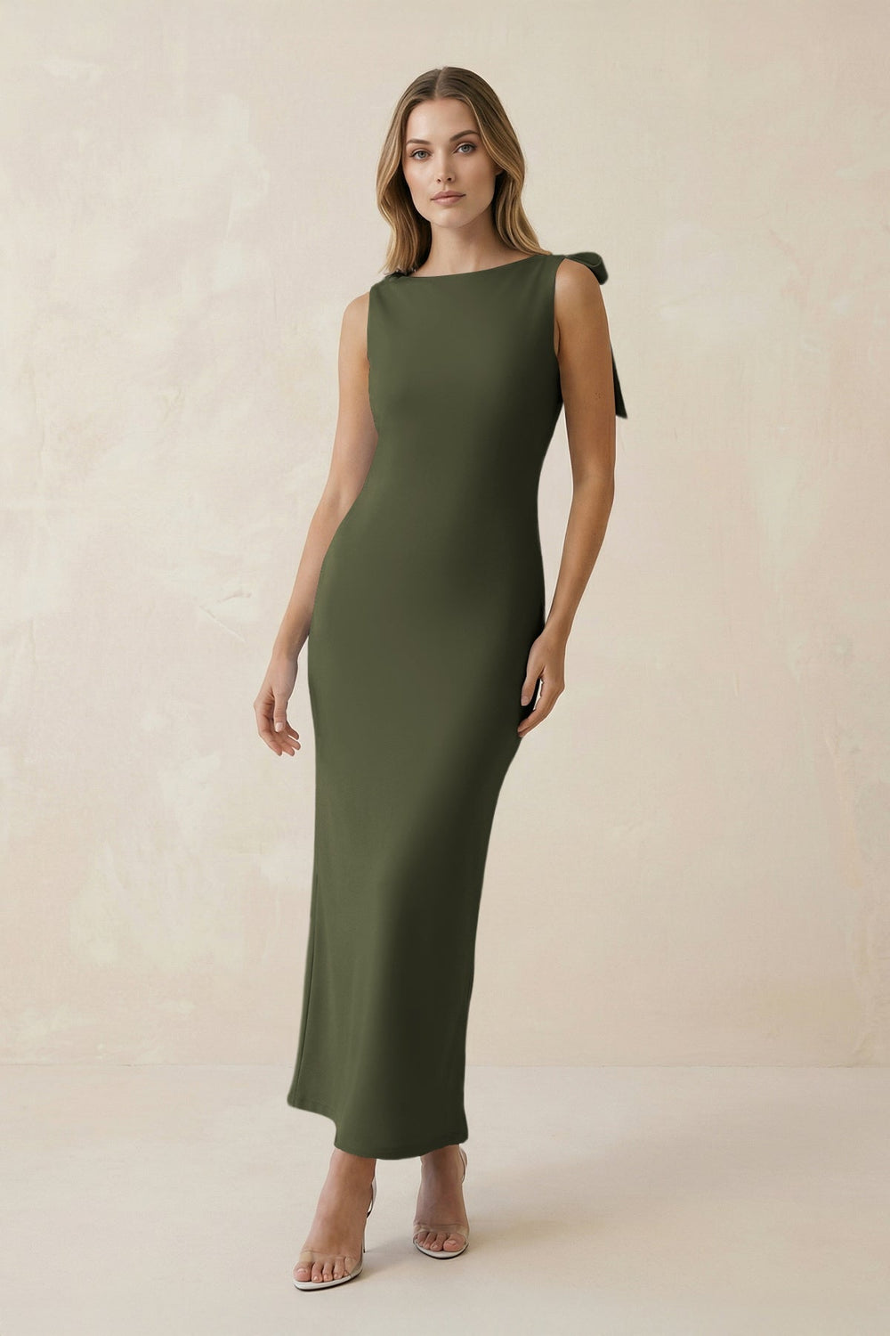 Bateau Neck Sheath Satin Midi Bridesmaid Dress With Bow in Willow Green - KISS BRIDAL Bridesmaid Dresses