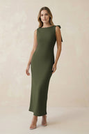 Bateau Neck Sheath Satin Midi Bridesmaid Dress With Bow in Willow Green - KISS BRIDAL Bridesmaid Dresses