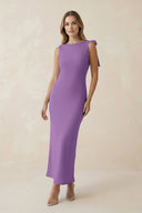 Bateau Neck Sheath Satin Midi Bridesmaid Dress With Bow in Wisteria - KISS BRIDAL Bridesmaid Dresses