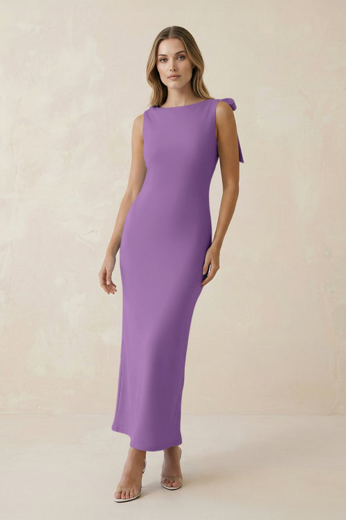 Bateau Neck Sheath Satin Midi Bridesmaid Dress With Bow in Wisteria - KISS BRIDAL Bridesmaid Dresses