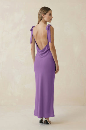 Bateau Neck Sheath Satin Midi Bridesmaid Dress With Bow in Wisteria - KISS BRIDAL Bridesmaid Dresses