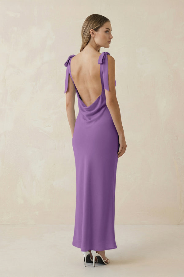 Bateau Neck Sheath Satin Midi Bridesmaid Dress With Bow in Wisteria - KISS BRIDAL Bridesmaid Dresses
