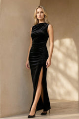 Bateau Neck Velvet Midi Dress in Black - KISS BRIDAL