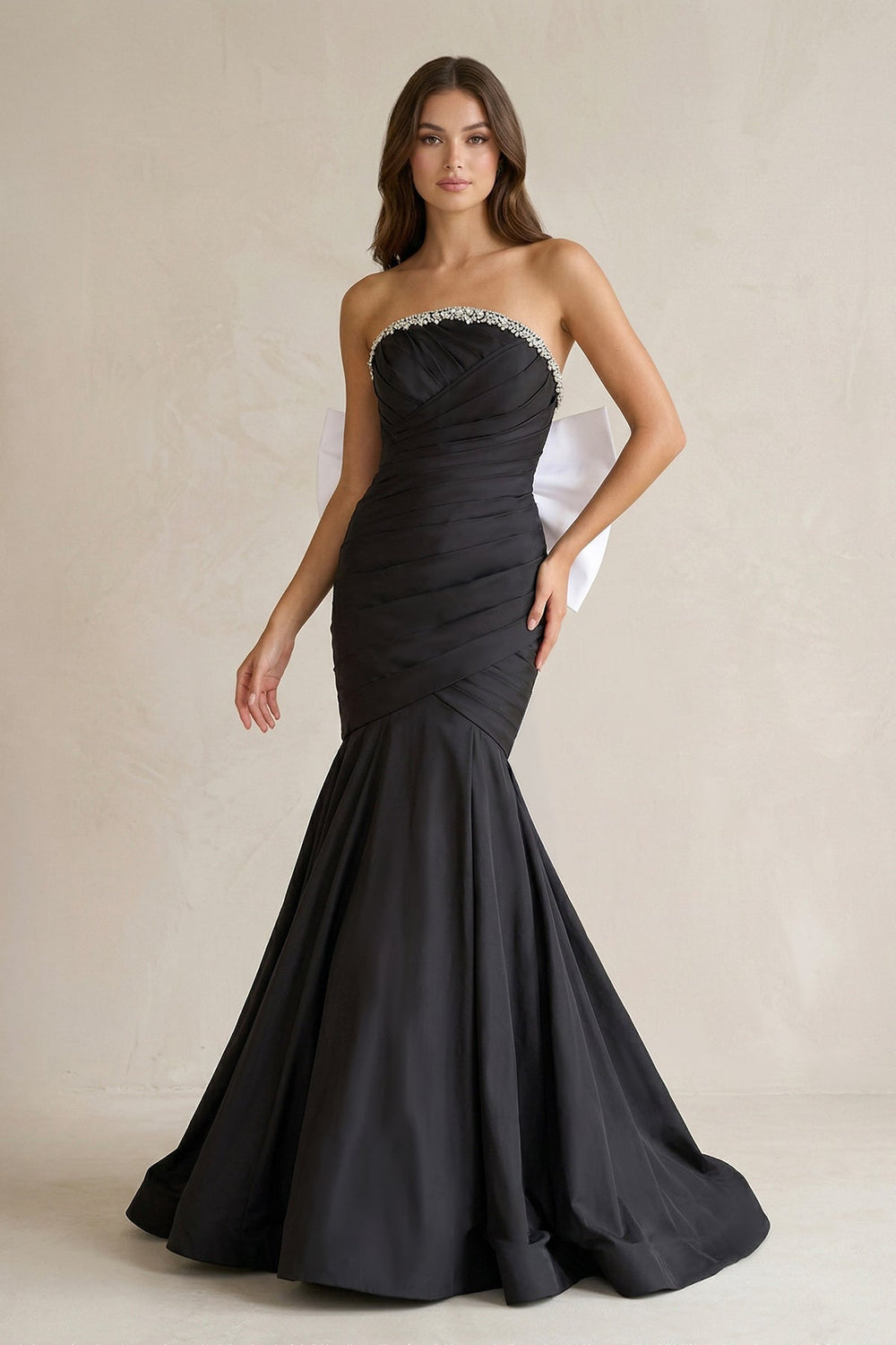 Beaded Mermaid Ruched Wedding Dress With Back Bow in Black and White - KISS BRIDAL Wedding Dresses