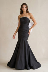 Beaded Mermaid Ruched Wedding Dress With Back Bow in Black and White - KISS BRIDAL Wedding Dresses