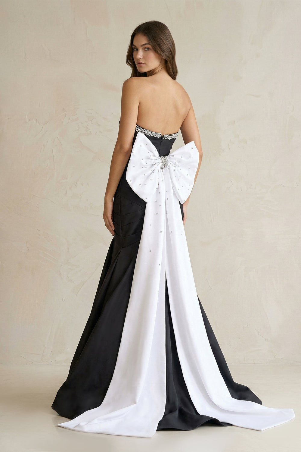 Beaded Mermaid Ruched Wedding Dress With Back Bow in Black and White - KISS BRIDAL Wedding Dresses