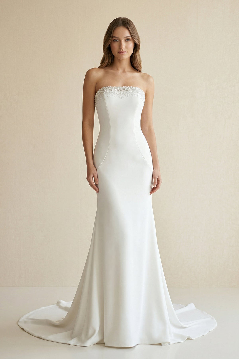 Beaded Satin Strapless Mermaid Wedding Dress in White - KISS BRIDAL Wedding Dresses