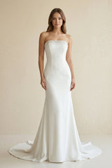Beaded Satin Strapless Mermaid Wedding Dress in White - KISS BRIDAL Wedding Dresses