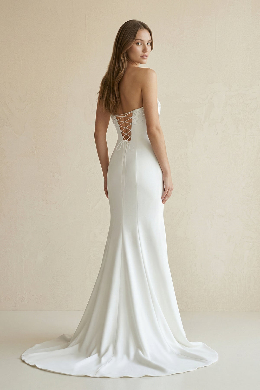 Beaded Satin Strapless Mermaid Wedding Dress in White - KISS BRIDAL Wedding Dresses
