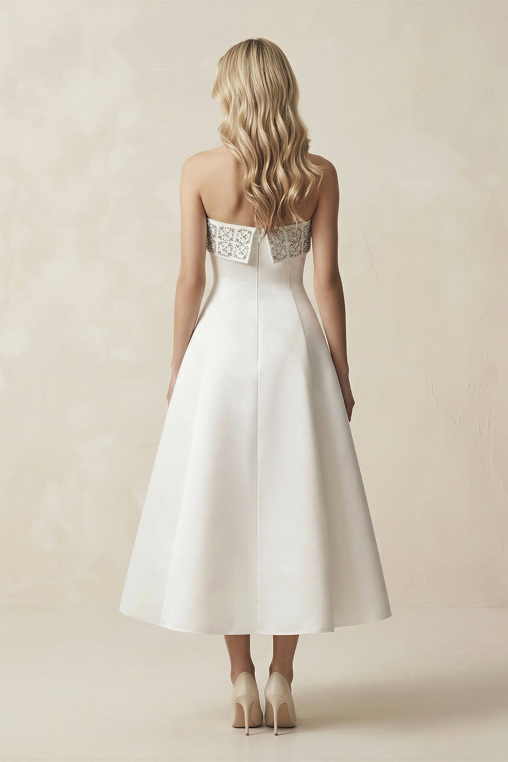 Beaded Strapless A - Line Midi Wedding Dress in White - KISS BRIDAL Wedding Dresses