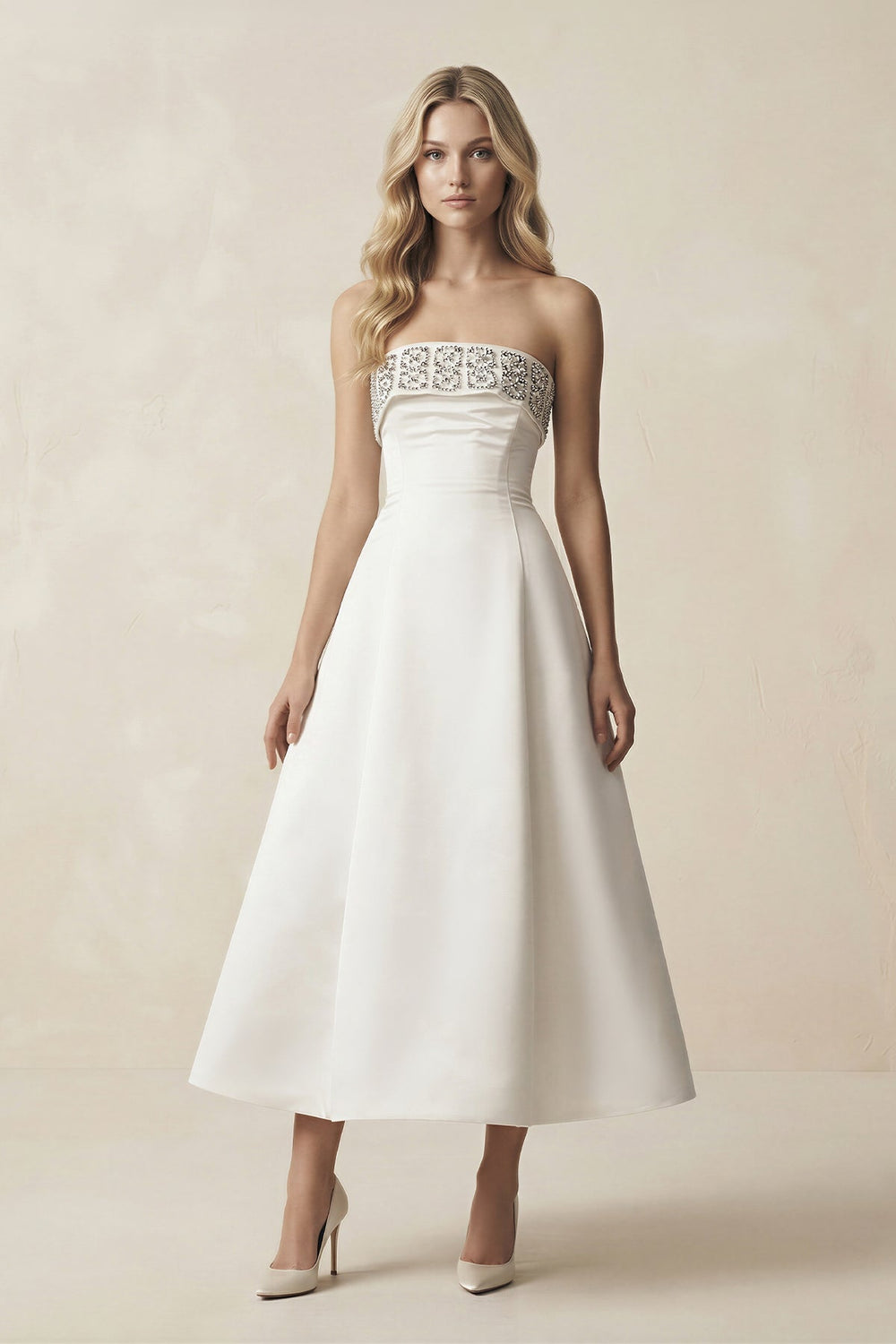 Beaded Strapless A - Line Midi Wedding Dress in White - KISS BRIDAL Wedding Dresses
