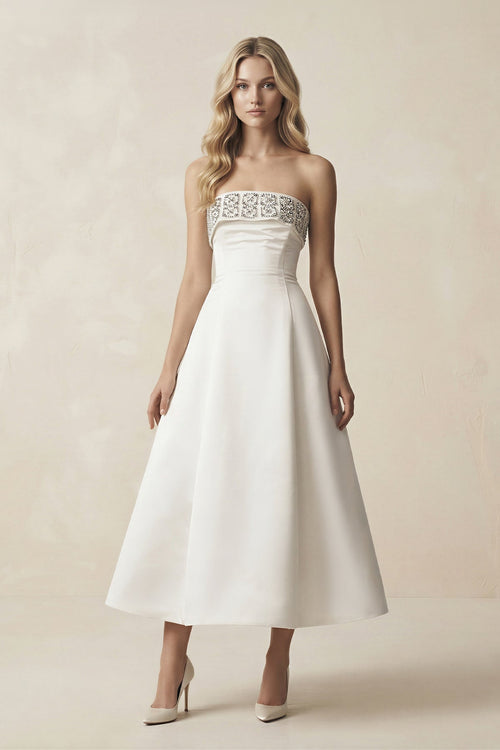 Beaded Strapless A - Line Midi Wedding Dress in White - SHE IS ME Wedding Dresses