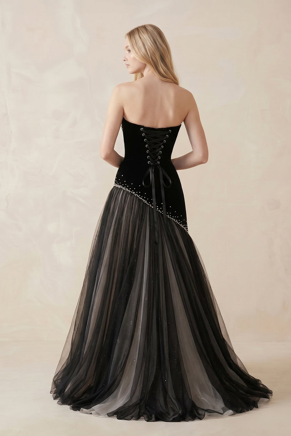 Beaded Strapless A - Line Tulle Wedding Dress in Black - KISS BRIDAL evening dresses