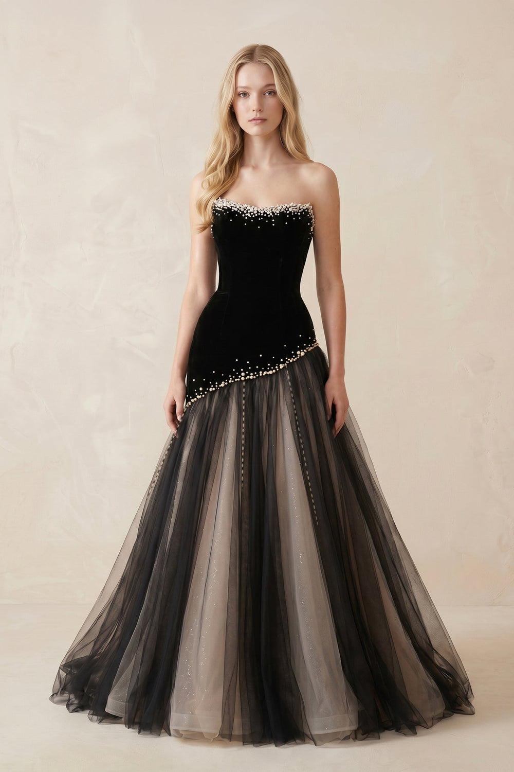 Beaded Strapless A - Line Tulle Wedding Dress in Black - KISS BRIDAL evening dresses