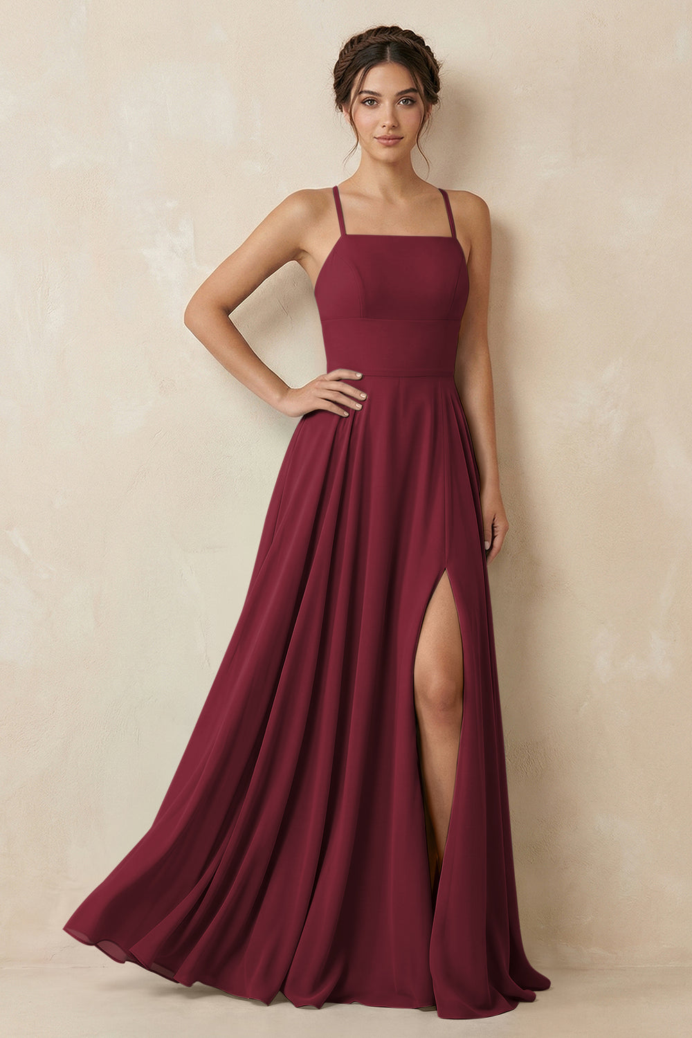 A-Line Chiffon Bridesmaid Dress With Slit in Berry