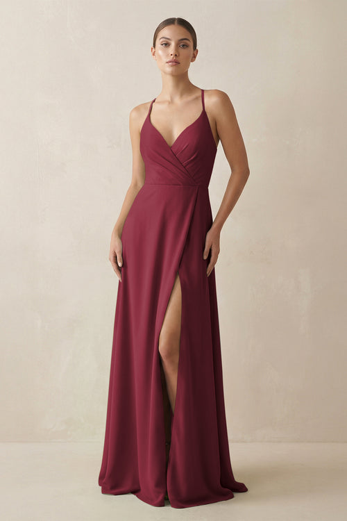 Berry A-Line Chiffon Long Bridesmaid Dress With Slit | KISSBRIDAL