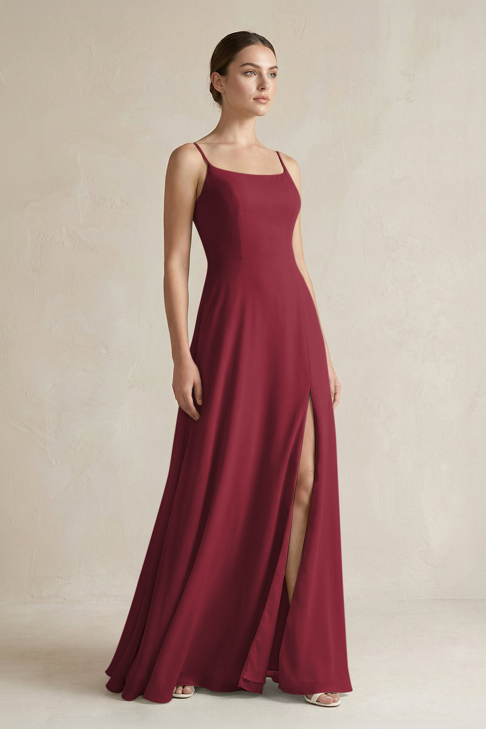 A-Line Chiffon Spaghetti Strap Bridesmaid Dress in Berry