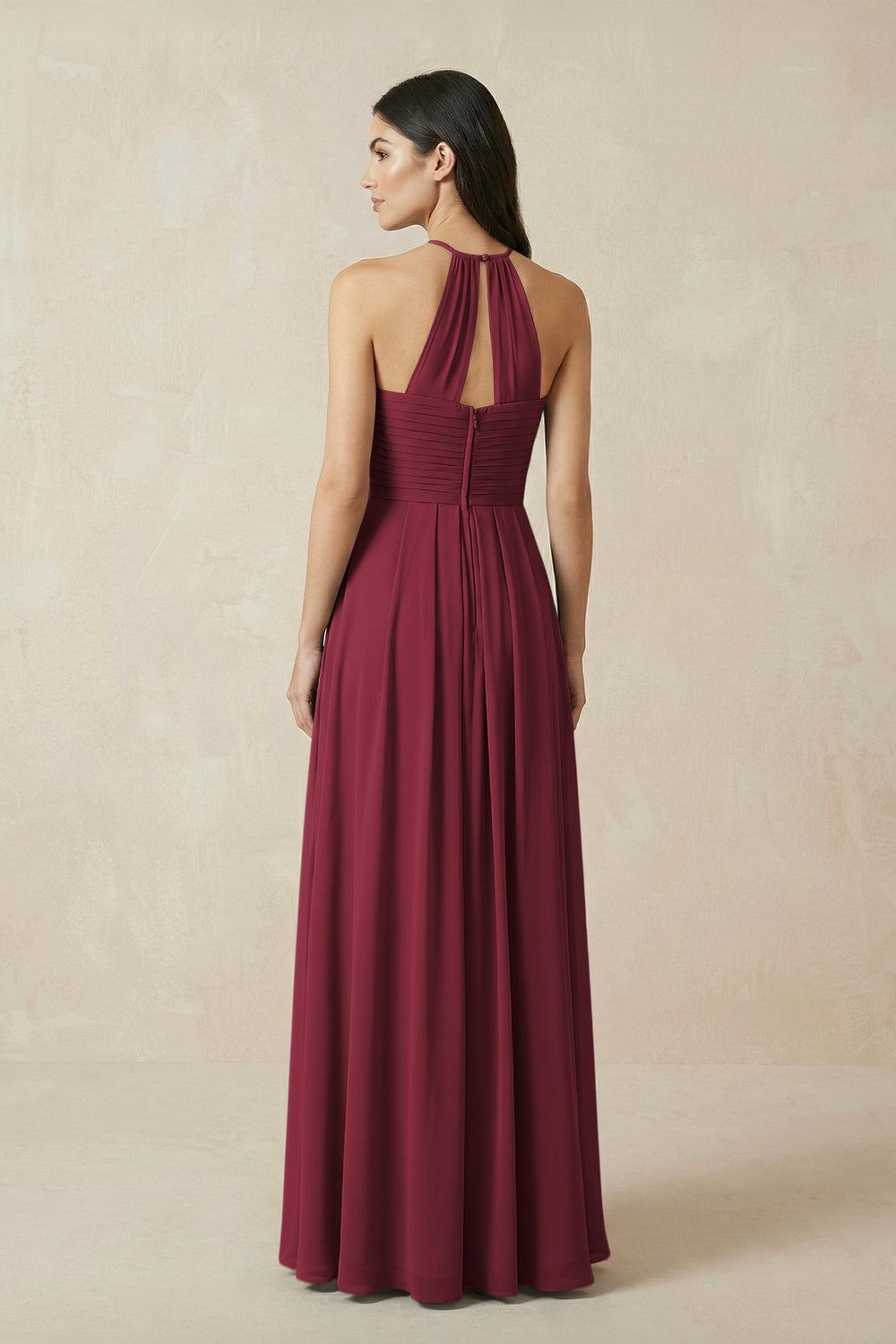 A-Line Halter Neck Pleated Chiffon Bridesmaid Dress in Berry