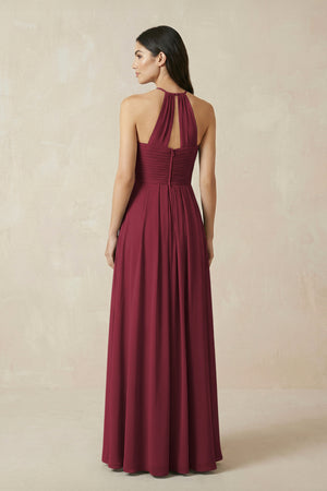 Berry A-Line Halter Neck Pleated Chiffon Bridesmaid Dress (2) | KISSBRIDAL