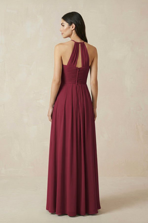 Berry A-Line Halter Neck Pleated Chiffon Bridesmaid Dress (2) | KISSBRIDAL